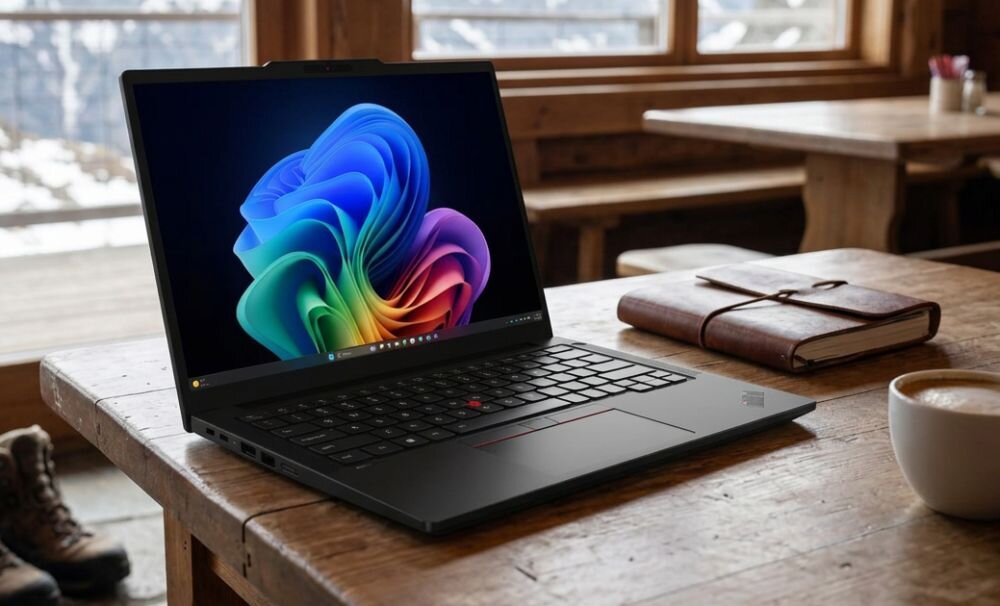 Laptop Lenovo ThinkPad z systemem Windows 11 stoi na drewnianym stole obok notatnika podczas pracy mobilnej w kawiarni