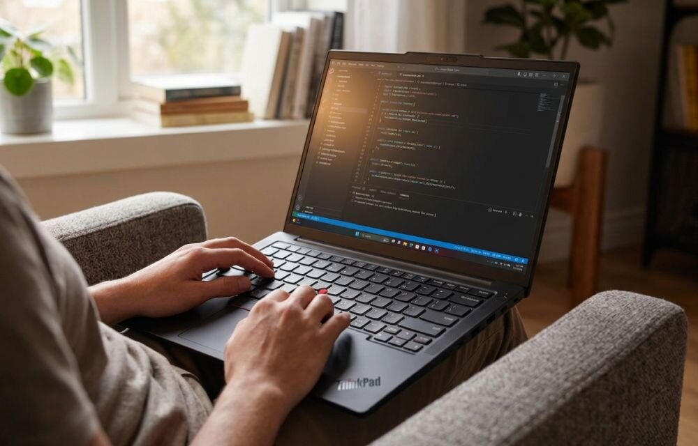 Osoba pracuje na laptopie Lenovo ThinkPad z edytorem kodu podczas programowania w domowym biurze