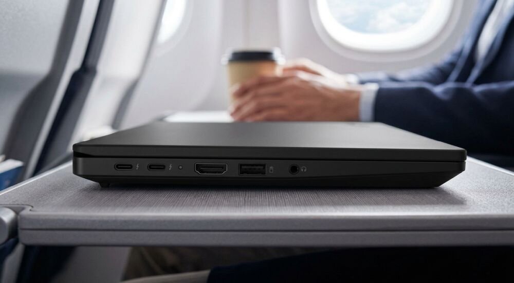 Laptop Lenovo ThinkPad z portami USB-C i HDMI prezentuje boczną krawędź obudowy podczas podróży służbowej samolotem  