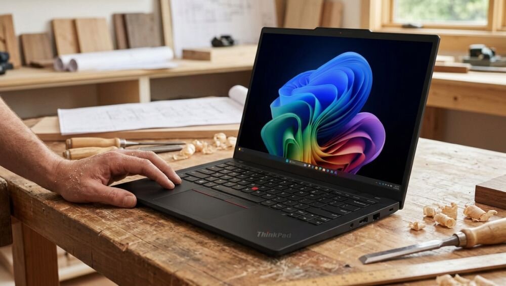 Osoba korzysta z laptopa Lenovo ThinkPad z systemem Windows 11 podczas pracy warsztatowej przy drewnianym stole w pracowni  