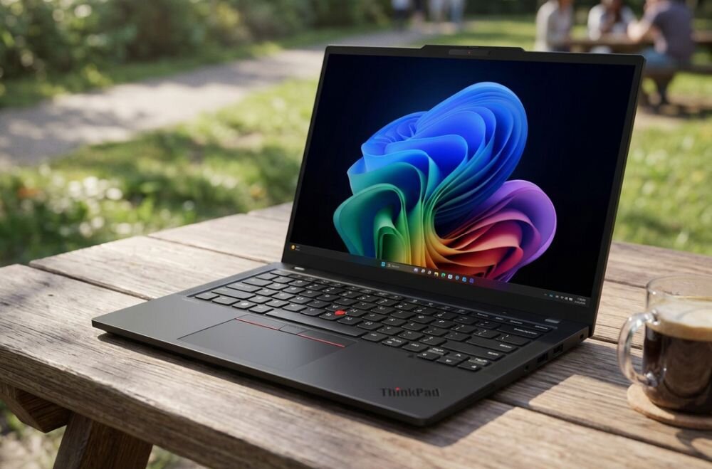 Laptop Lenovo ThinkPad z systemem Windows 11 stoi na drewnianym stole w parku podczas mobilnej pracy na świeżym powietrzu 