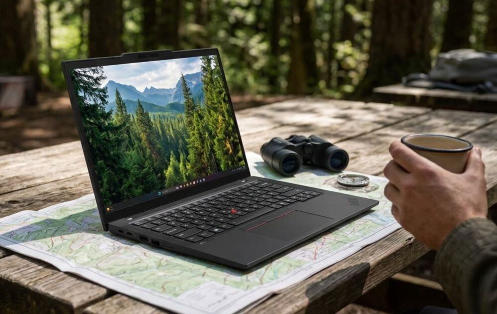 Laptop Lenovo ThinkPad wyświetla leśny krajobraz na ekranie podczas planowania trasy i pracy mobilnej w terenie 