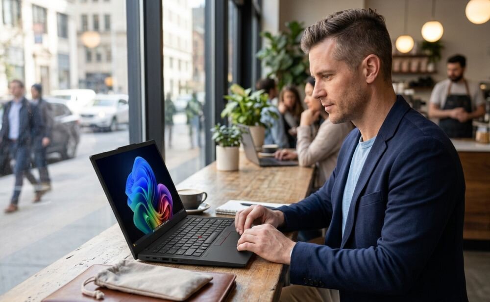 Osoba pracuje na laptopie Lenovo ThinkPad w kawiarni podczas mobilnej pracy biznesowej i codziennej komunikacji online 