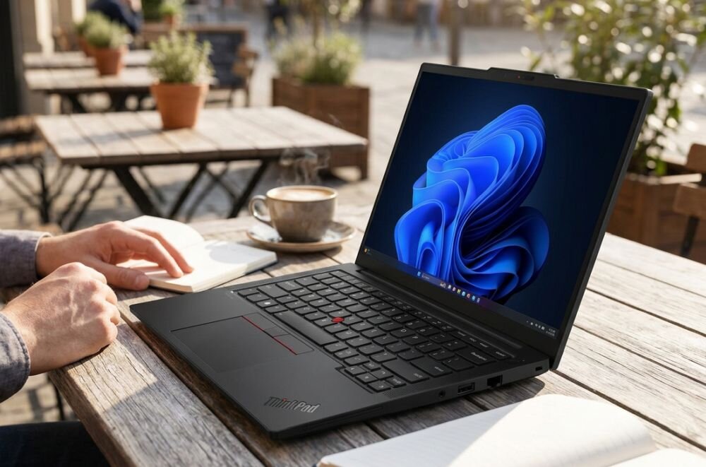 Osoba korzysta z laptopa Lenovo ThinkPad przy stoliku kawiarni podczas mobilnej pracy biznesowej i codziennej organizacji zadań