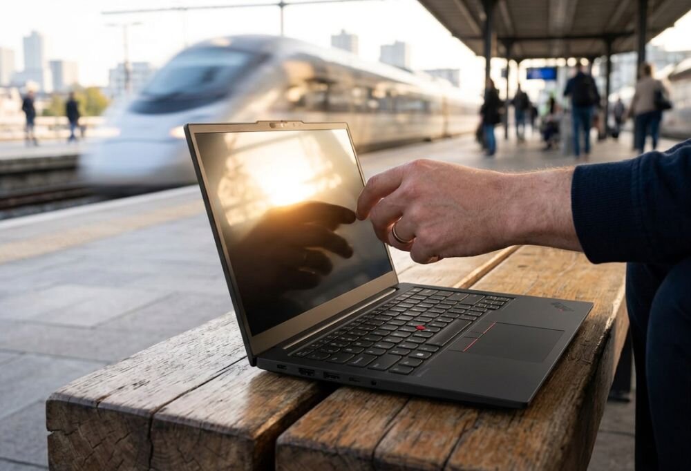 Osoba obsługuje ekran laptopa Lenovo ThinkPad na peronie kolejowym podczas mobilnej pracy i podróży służbowej  