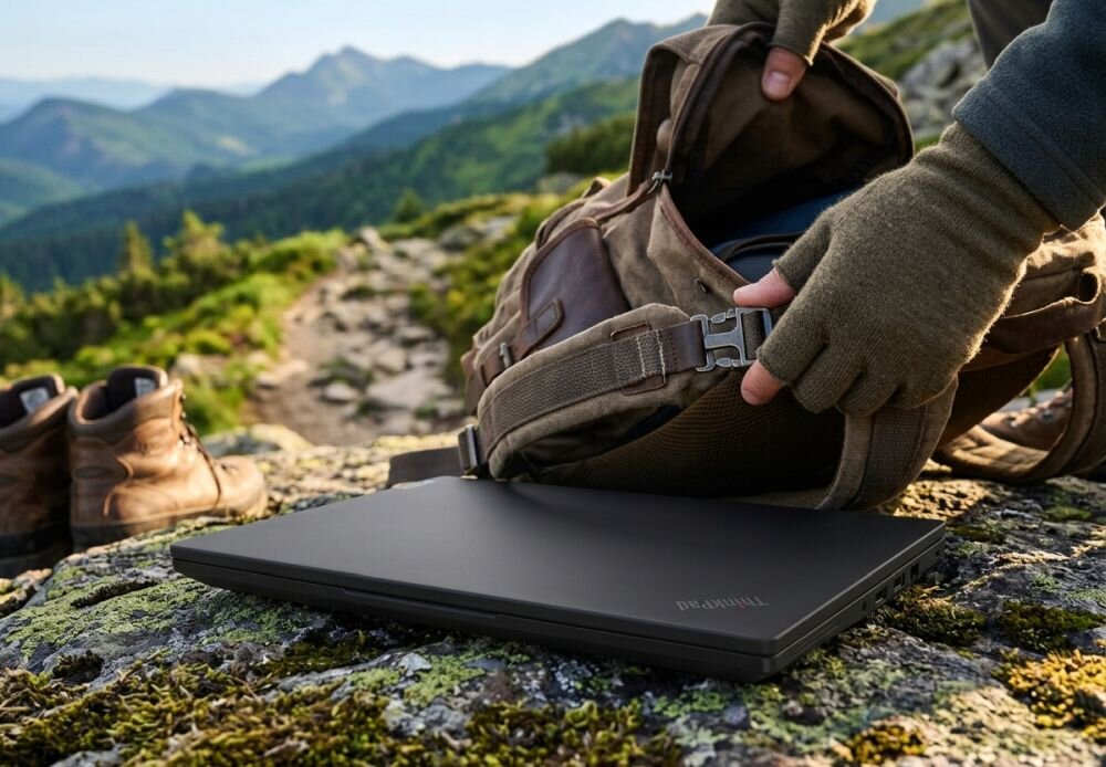 Osoba pakuje laptop Lenovo ThinkPad do plecaka na górskim szlaku podczas podróży i pracy mobilnej w terenie  