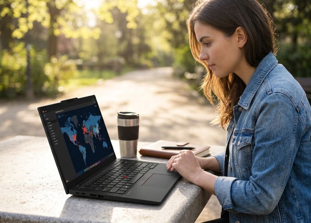 Osoba korzysta z laptopa Lenovo ThinkPad z mapą danych na ekranie podczas pracy mobilnej w parku i analizowania informacji  