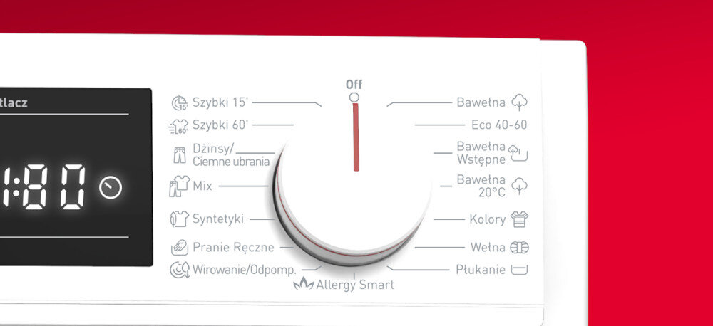 Panel sterowania pralki z pokrętłem wyboru programów, na którym widoczne są opcje takie jak \'Szybki 15’\', \'Szybki 60’\', \'Dżinsy/Ciemne ubrania\', \'Mix\', \'Syntetyki\', \'Pranie Ręczne\', \'Wirowanie/Odpomp.\', \'Bawełna\', \'Eco 40-60\', \'Bawełna Wstępne\', \'Bawełna 20°C\', \'Kolory\', \'Wełna\', \'Płukanie\'. Obok pokrętła znajduje się wyświetlacz z czasem \'1:40\' oraz logo \'Allergy Smart\'.