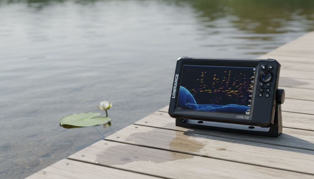 LOWRANCE Eagle 9 TripleShot HD FishReveal DownScan CHIRP identyfikacja celów ryb, urzadzenie na pomoście