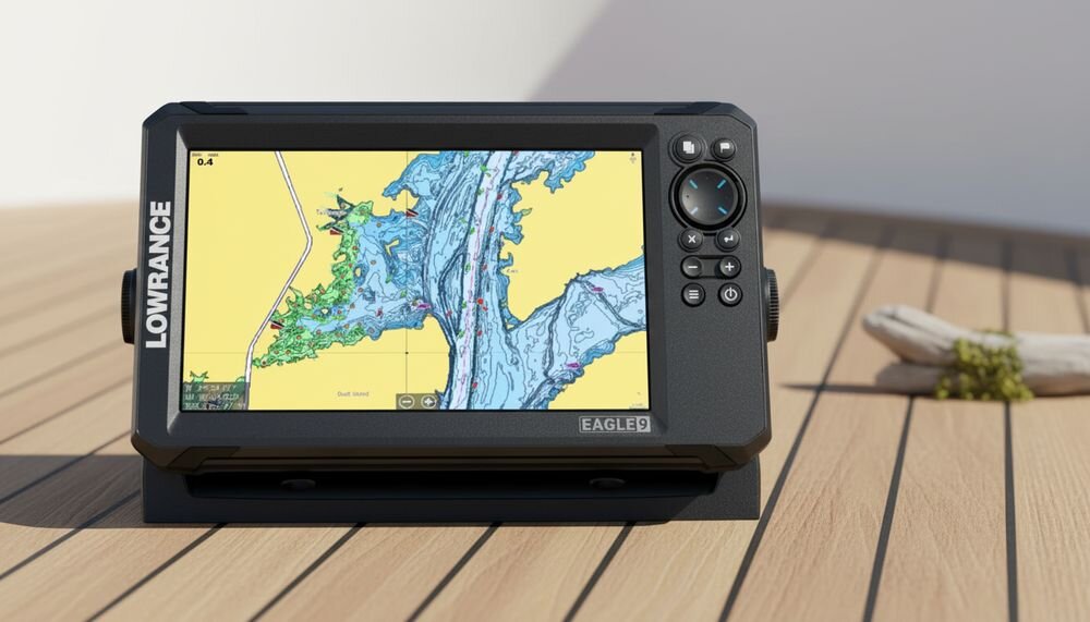 LOWRANCE Eagle 9 TripleShot HD C-MAP DISCOVER szczegółowe mapy wód śródlądowych i przybrzeżnych, urzadzenie na pomoście