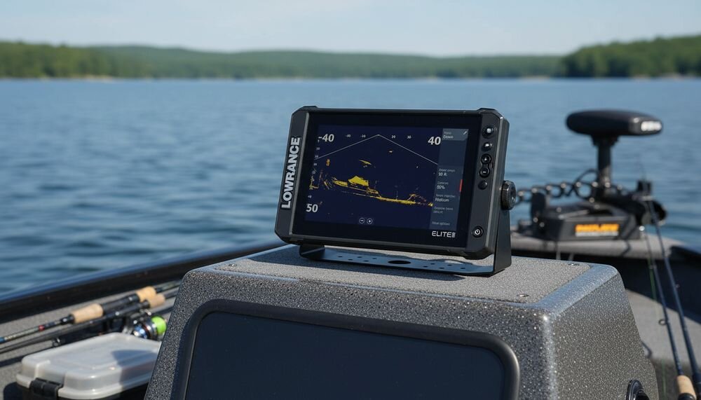 LOWRANCE Elite FS 10 echosonda wędkarska technologie wyszukiwania ryb nawigacja, urządzenie przymocowane na łódce