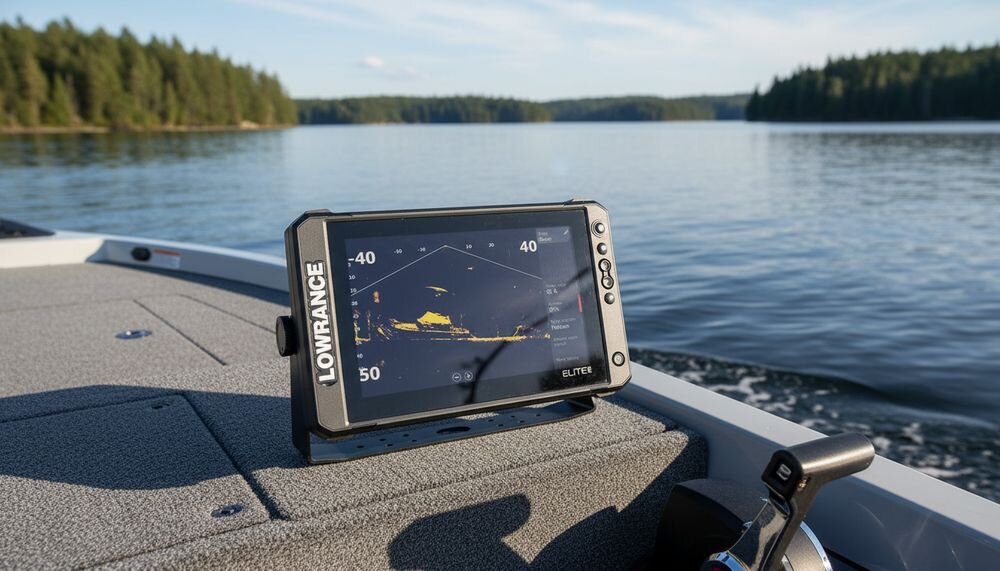 LOWRANCE Elite FS 10 echosonda wędkarska system Elite FS ActiveTarget 2 Active Imaging mapa świata, urządzenie przymocowane na łódce