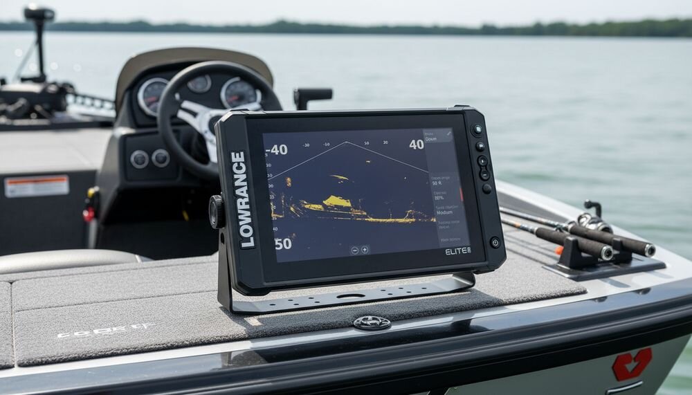 LOWRANCE Elite FS 10 Active Imaging 3 w 1 CHIRP SideScan DownScan S3100, urządzenie przymocowane na łódce