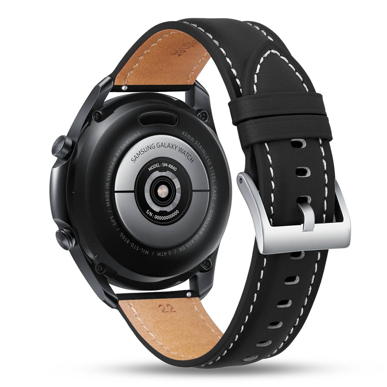 Czarny skórzany pasek z białymi przeszyciami przymocowany do tylnej części zegarka z napisem \'SAMSUNG GALAXY WATCH\'.
