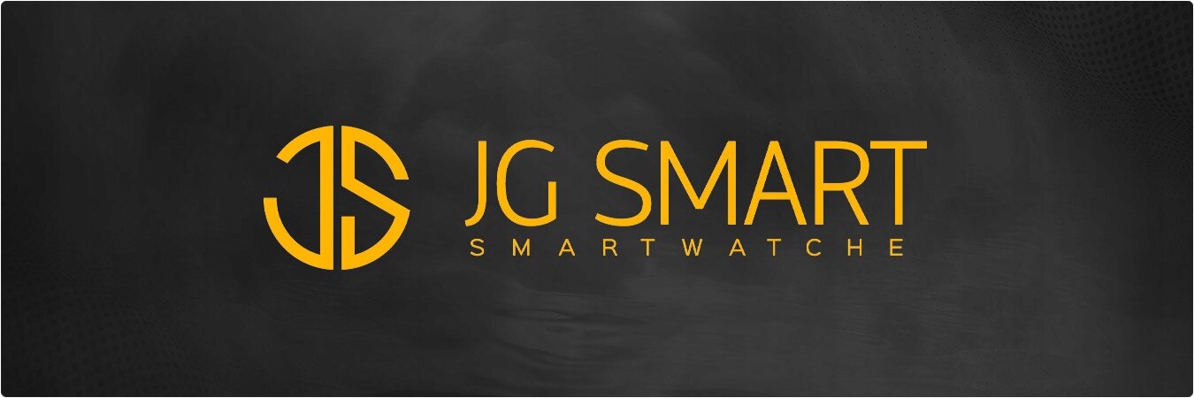 Logo JG SMART SMARTWATCHE w kolorze żółtym na ciemnym tle.