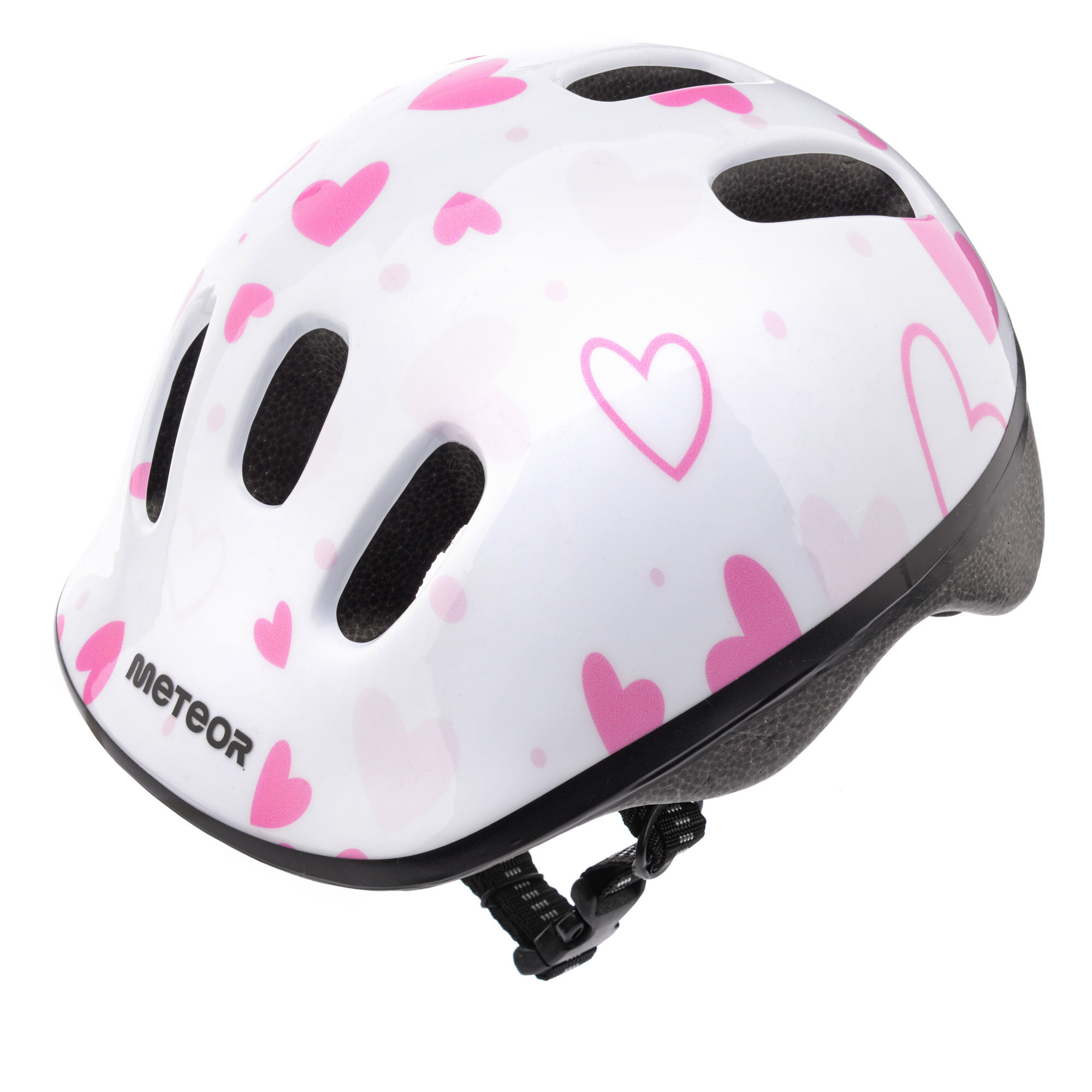 Biały kask rowerowy z różowymi sercami i otworami wentylacyjnymi, z logo \'meteor\' na boku.