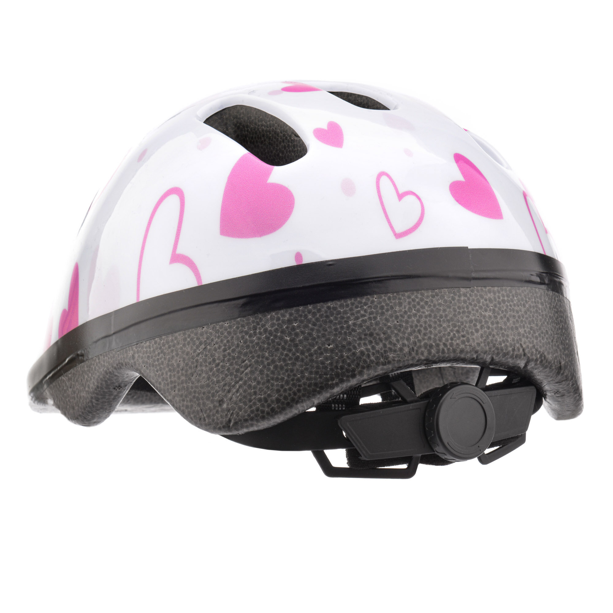 Kask rowerowy dziecięcy w kolorze białym z różowymi sercami, posiada regulację rozmiaru z tyłu.
