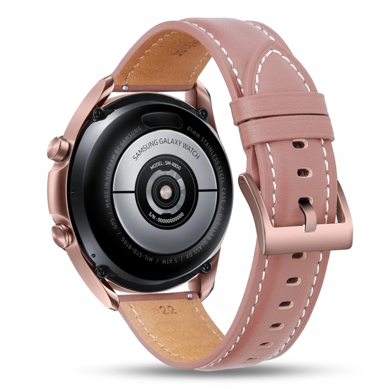 Zegarek z okrągłą tarczą i skórzanym paskiem w kolorze różowym, z białymi przeszyciami. Na tarczy widoczny jest napis \'SAMSUNG GALAXY WATCH\' oraz model \'SM-R850\'.