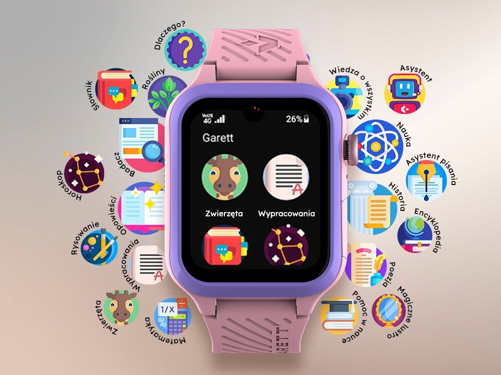 Smartwatch z różowym paskiem i wyświetlaczem pokazującym aplikacje \'Zwierzęta\' i \'Wypracowania\'. Wokół zegarka znajdują się kolorowe ikony z napisami, takimi jak \'Słownik\', \'Nauka\', \'Asystent pisania\'.