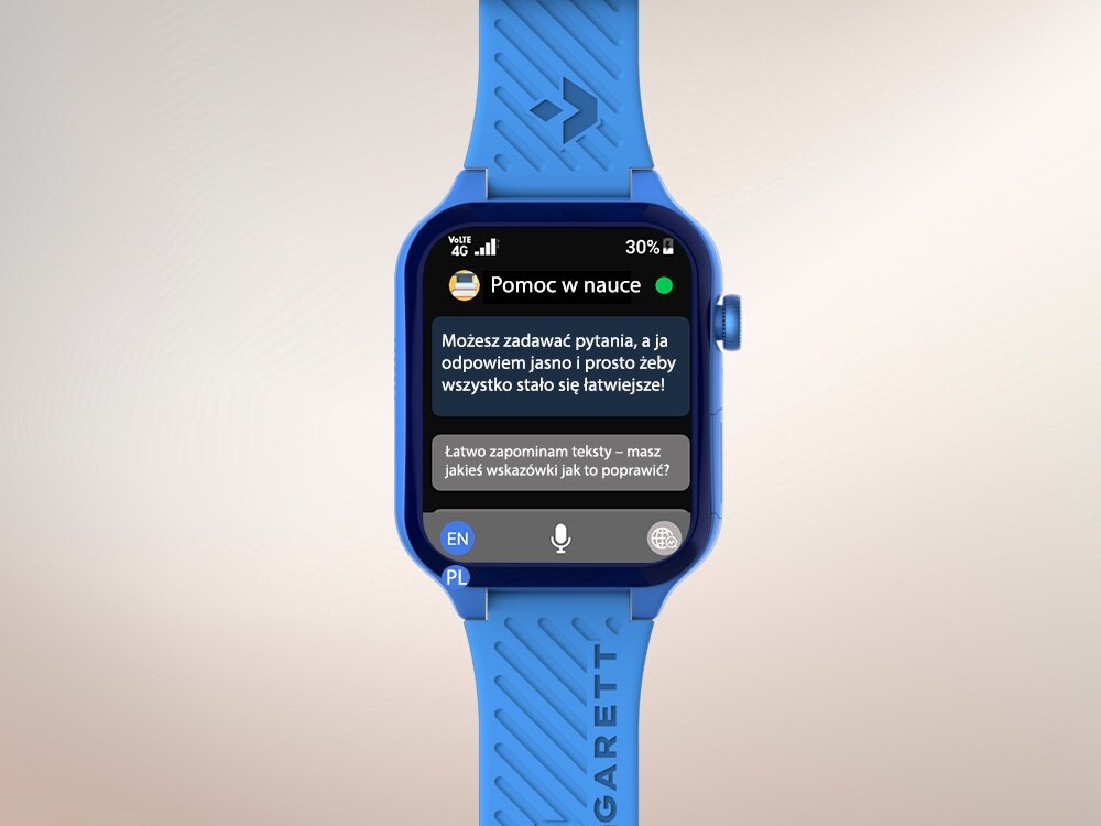 Niebieski smartwatch z wyświetlaczem pokazującym tekst: \'Możesz zadawać pytania, a ja odpowiem jasno i prosto żeby wszystko stało się łatwiejsze!\'. Pasek zegarka ma napis \'GARETT\'.