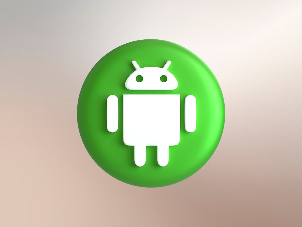 Obraz przedstawia biały symbol robota na zielonym tle, przypominający logo systemu Android.