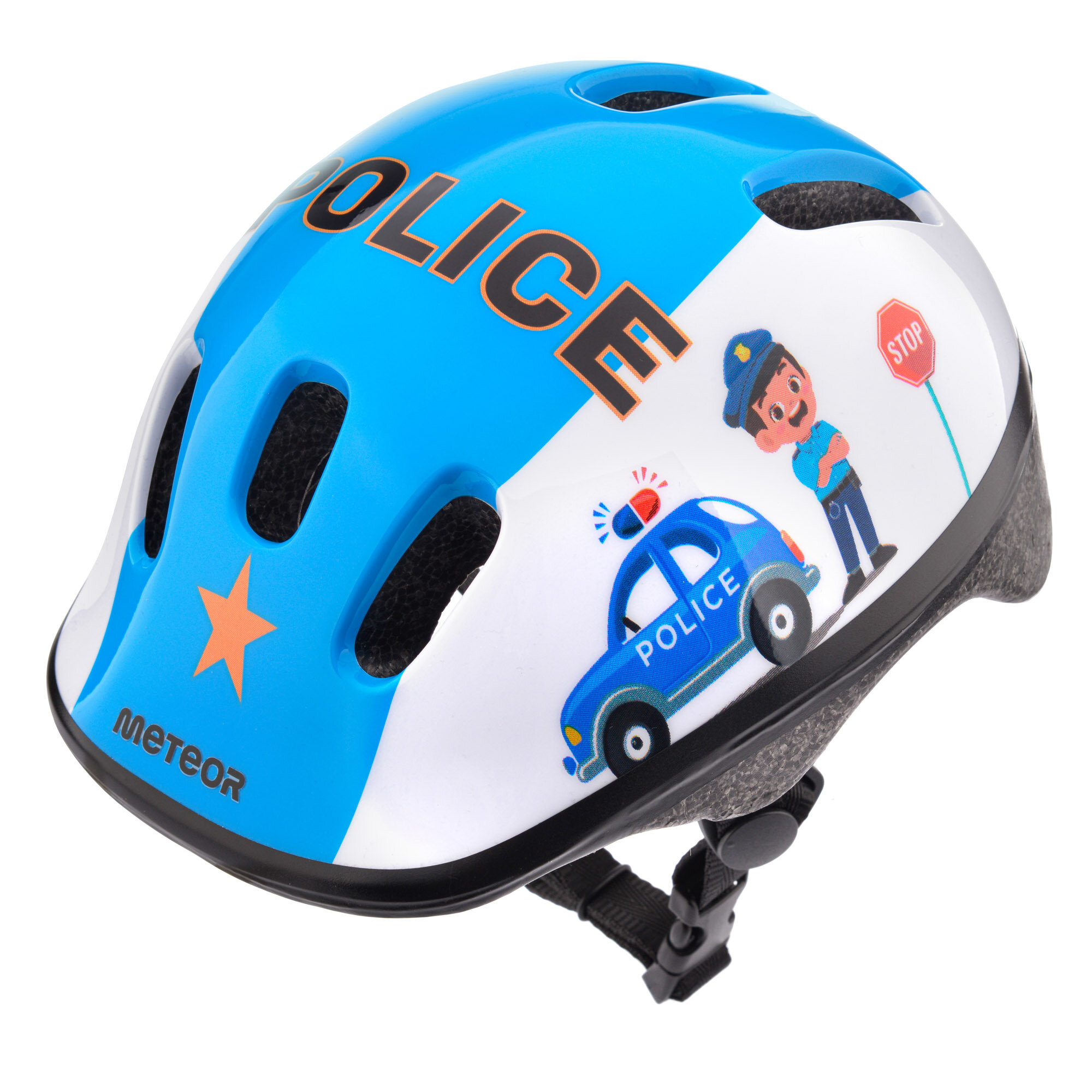 Kask rowerowy dziecięcy z grafiką przedstawiającą policjanta, radiowóz i znak stop na białym tle z niebieskimi elementami. Widoczny napis \'POLICE\' oraz logo \'METEOR\'.