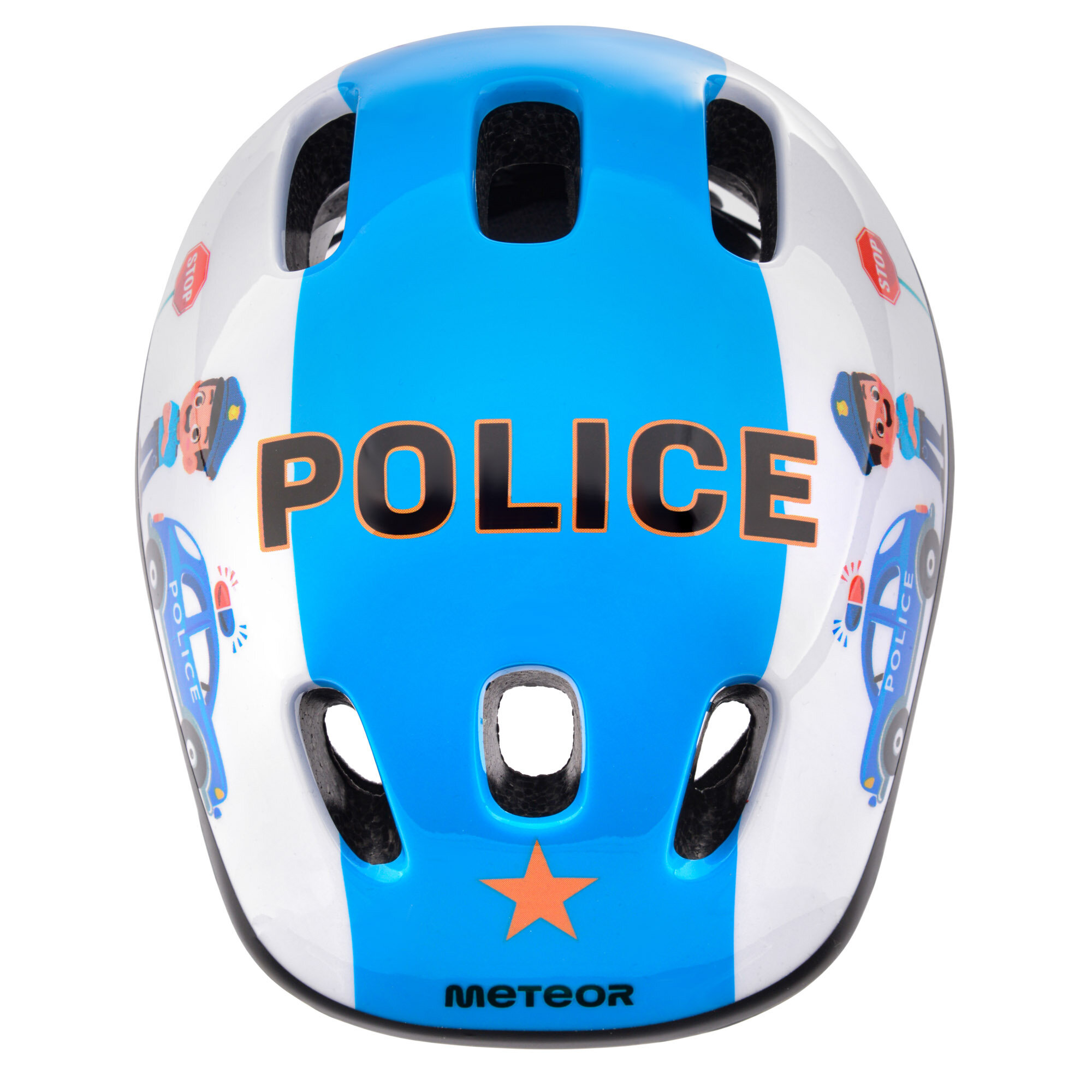 Kask rowerowy dziecięcy z niebieskim paskiem i napisem \'POLICE\' na górze. Po bokach widoczne są rysunki samochodów policyjnych i postaci policjanta, a na dole znajduje się logo \'METEOR\'.