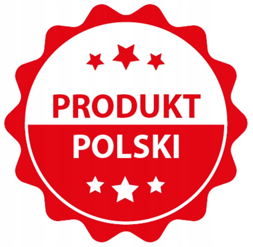 Czerwony emblemat w kształcie pieczęci z napisem \'PRODUKT POLSKI\' oraz pięcioma gwiazdkami.