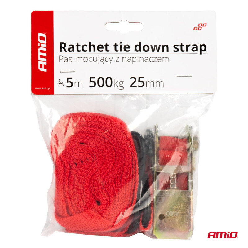 Opakowanie zawiera czerwony pas transportowy z napinaczem. Na etykiecie widnieje tekst: \'Ratchet tie down strap Pas mocujący z napinaczem 5m 500kg 25mm\', oraz logo \'AMiO\'.