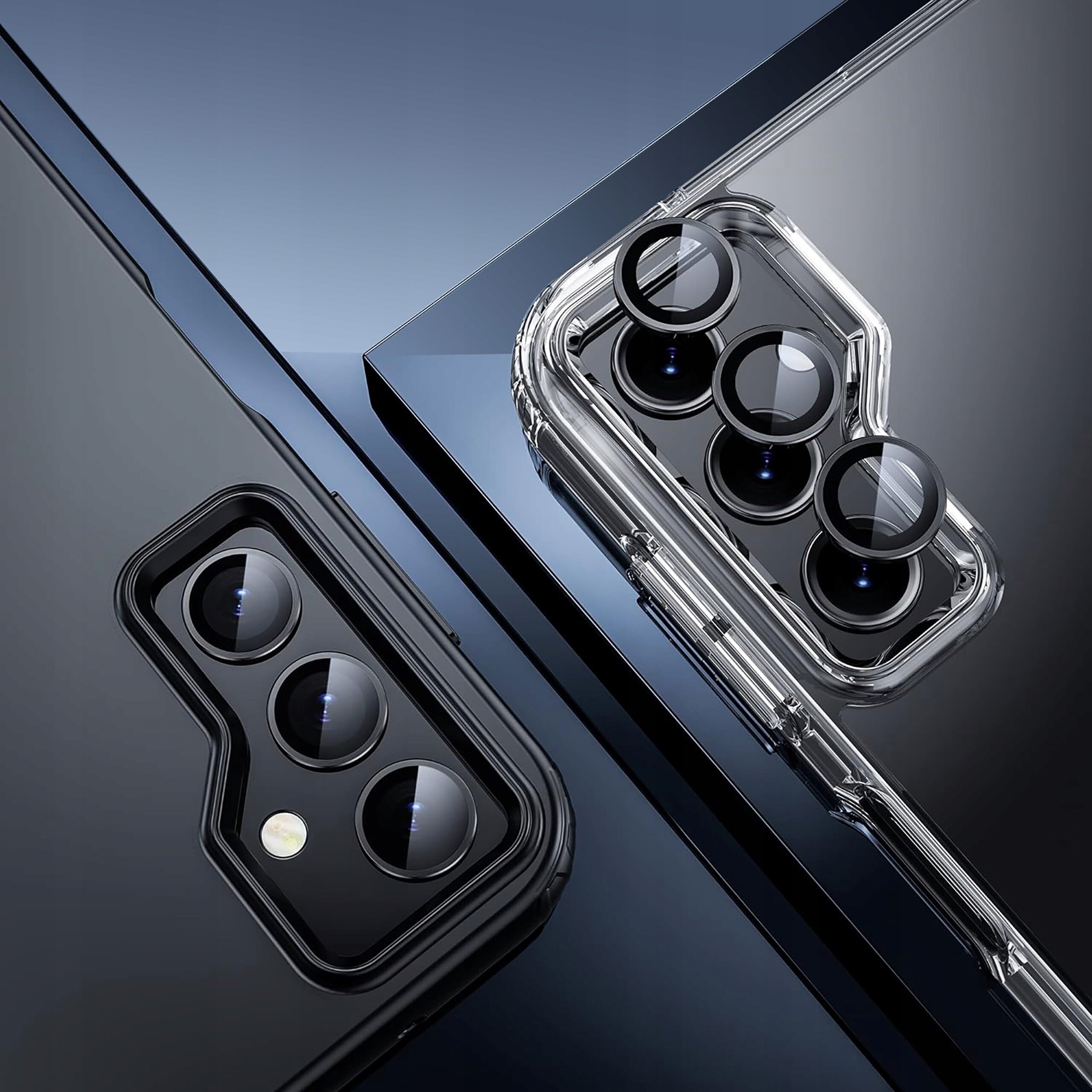 Obraz przedstawia dwa smartfony z widocznymi aparatami fotograficznymi, z trzema obiektywami każdy. Jeden z telefonów ma przezroczystą ochronną obudowę na aparacie.
