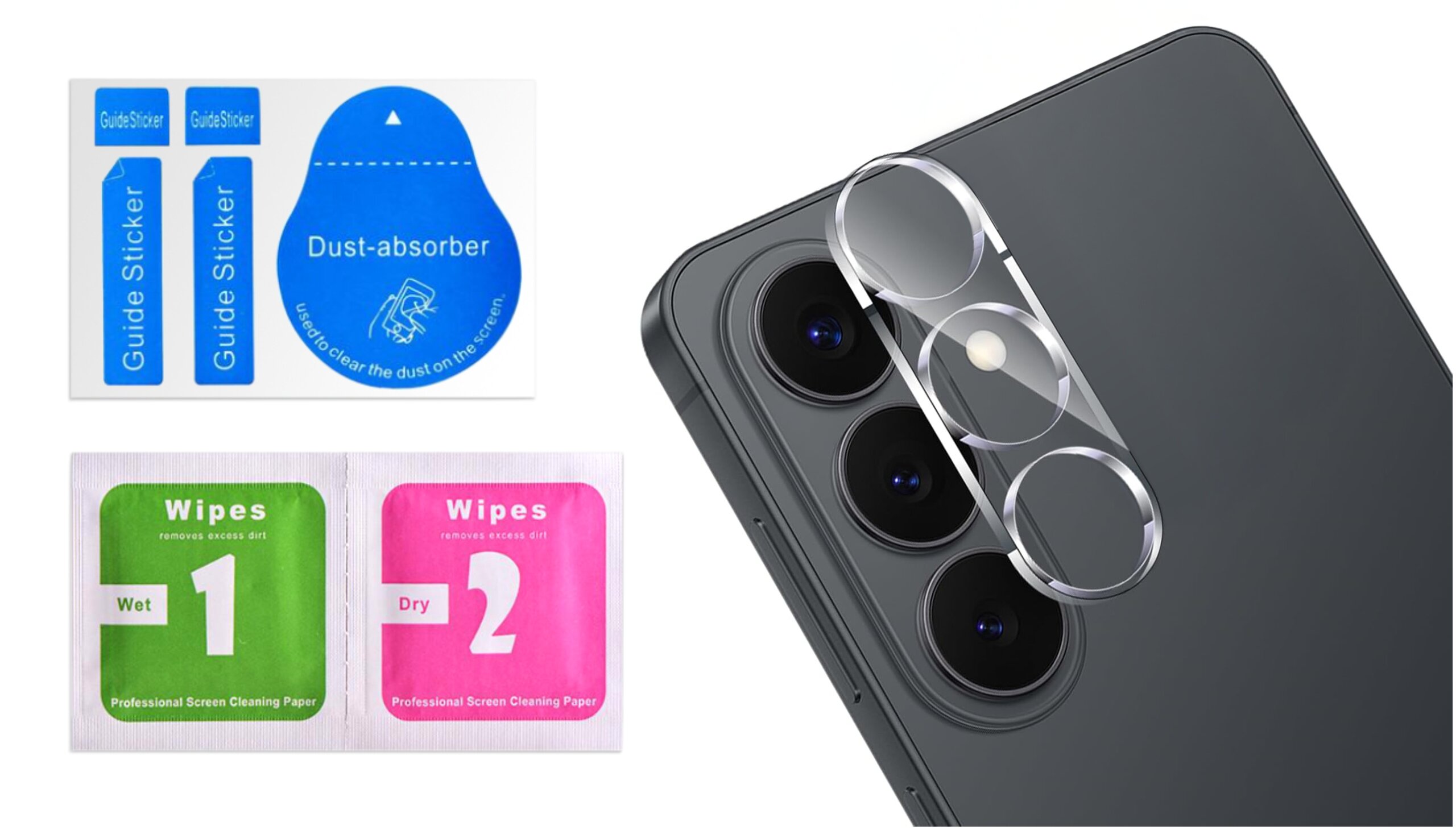 Na obrazie widoczny jest telefon z trzema obiektywami aparatu oraz przezroczyste szkło ochronne na aparat. Obok znajdują się naklejki \'Guide Sticker\', \'Dust-absorber\' oraz chusteczki \'Wipes 1 Wet\' i \'Wipes 2 Dry\'.