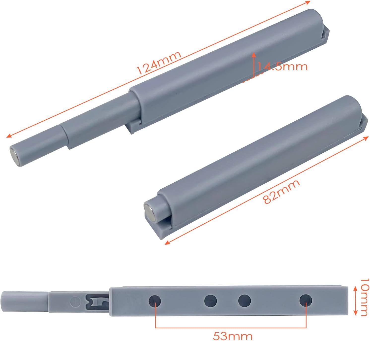 Na obrazie widoczne są trzy szare odbojniki meblowe o różnych długościach: 124 mm, 82 mm i 53 mm. Każdy z nich ma oznaczone wymiary, a na jednym z nich widoczne są cztery otwory montażowe.