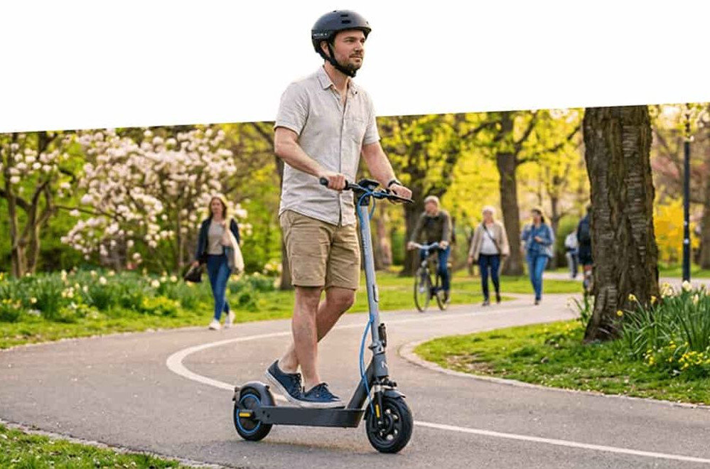 Osoba jedzie na szaro-turkusowej hulajnodze elektrycznej po ścieżce w parku. W tle widać drzewa i kilka osób spacerujących lub jadących na rowerze.