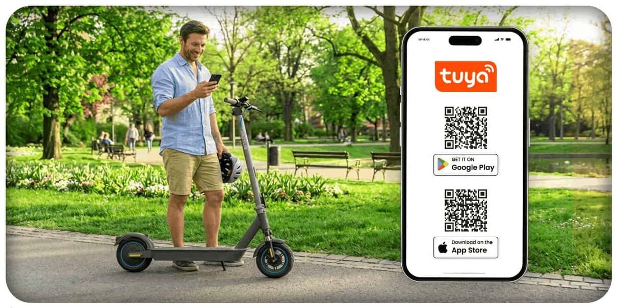 Mężczyzna stoi na chodniku obok elektrycznej hulajnogi w parku, patrząc na telefon. Obok widoczny jest ekran telefonu z logo \'tuya\' oraz kodami QR do pobrania aplikacji z Google Play i App Store.