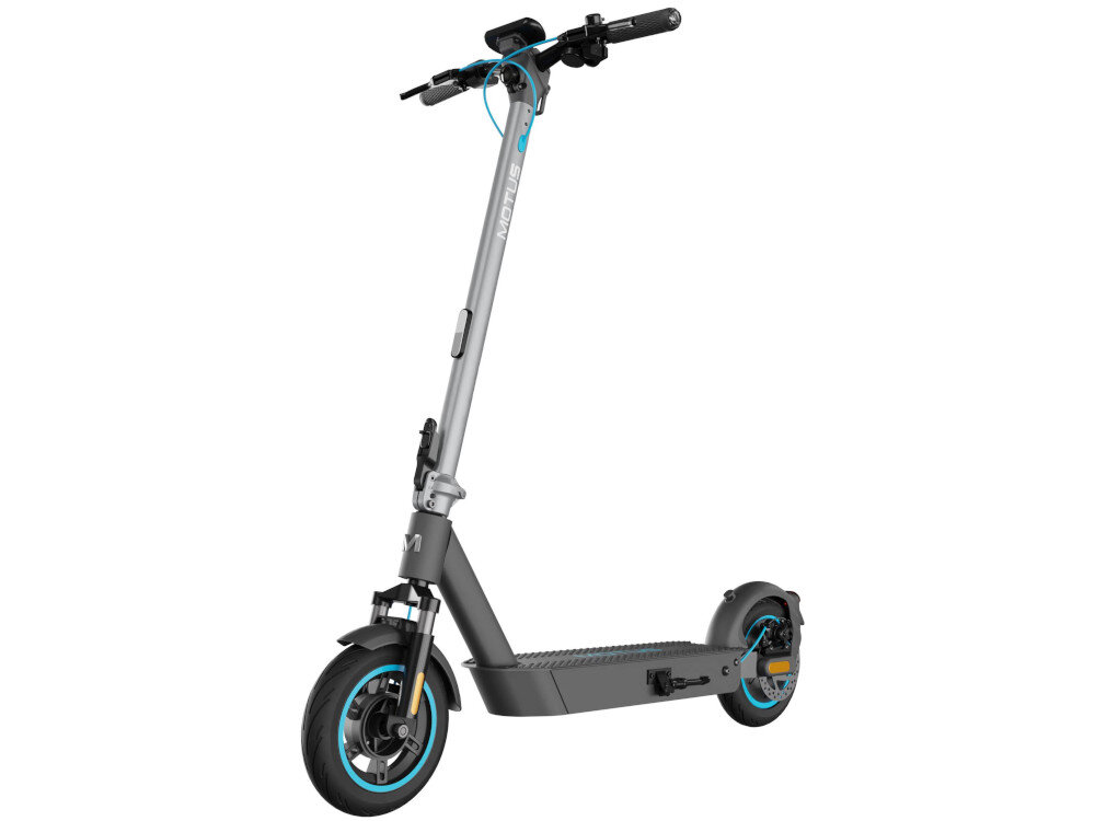 Elektryczna hulajnoga w kolorze szaro-turkusowym z widocznym logo \'MOTUS Scooty\'. Posiada duże koła z turkusowymi akcentami i amortyzację.