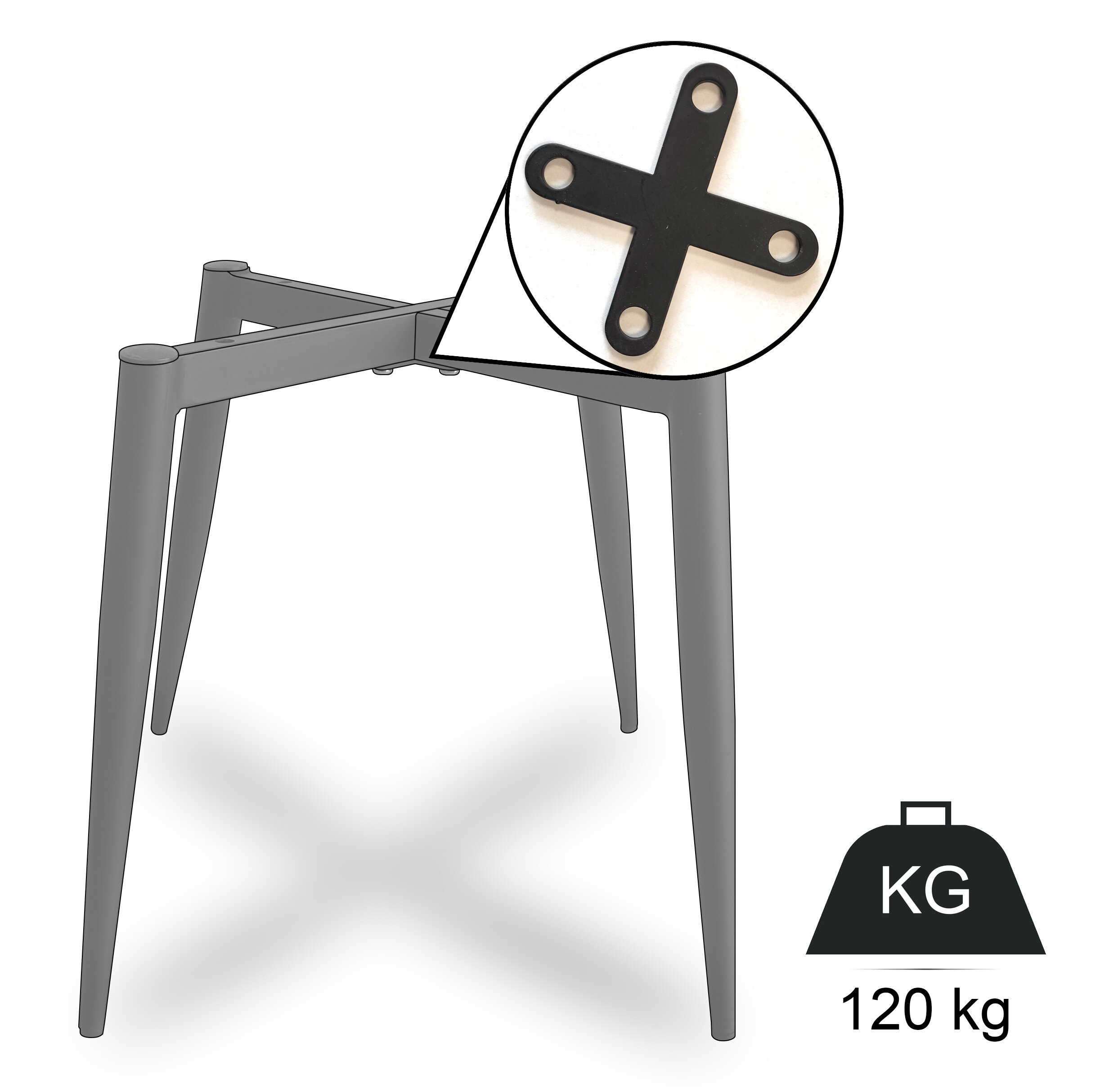 Obraz przedstawia szkielet krzesła z czterema nogami i metalowym łącznikiem w kształcie krzyża. Obok znajduje się ikona z symbolem wagi i napisem \'120 kg\'.