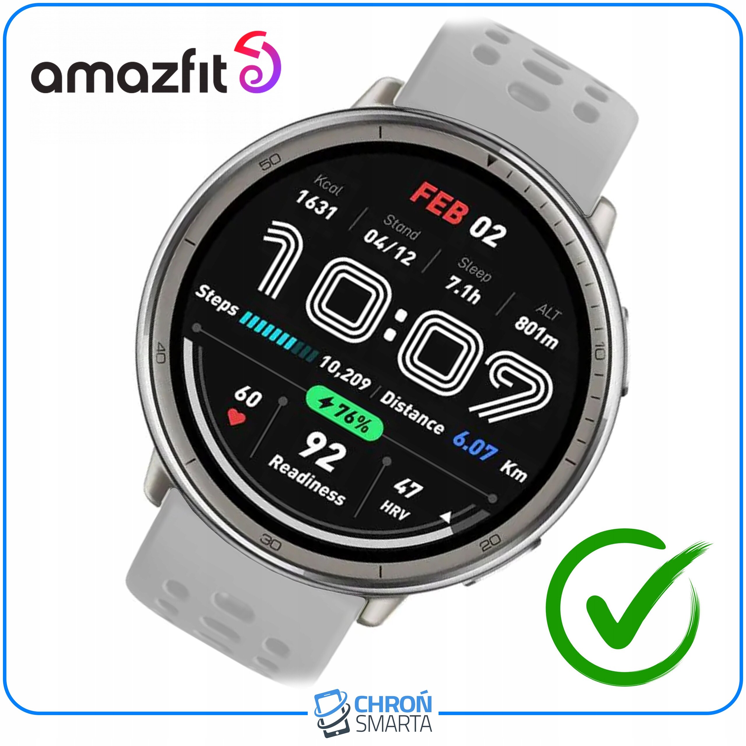 Obraz przedstawia smartwatch z szarym paskiem, na którego ekranie widoczna jest godzina 10:09 oraz różne dane dotyczące aktywności fizycznej. W lewym górnym rogu znajduje się logo \'amazfit\', a na dole logo \'CHROŃ SMARTA\'.