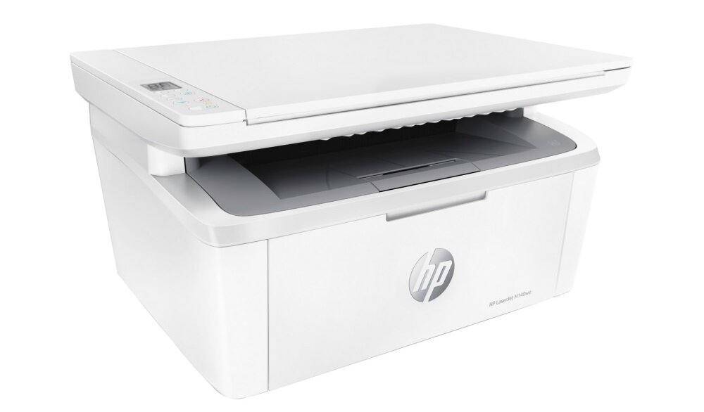 Białe urządzenie wielofunkcyjne z widocznym logo HP na przedniej części. Na górze znajduje się panel sterowania z kilkoma przyciskami i małym wyświetlaczem.