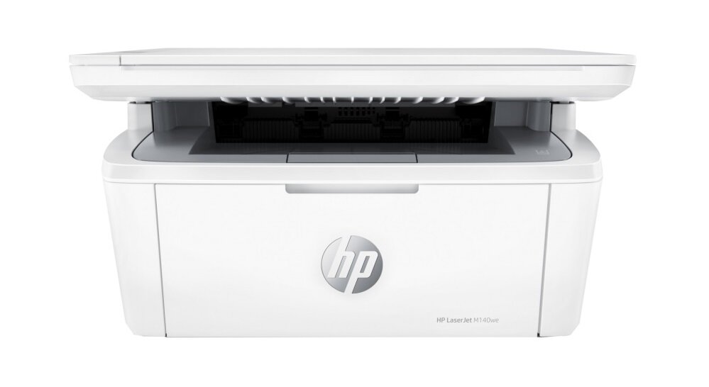 Białe urządzenie wielofunkcyjne z widocznym logo HP na przednim panelu. Na dolnej części obudowy znajduje się napis \'HP LaserJet M140we\'.