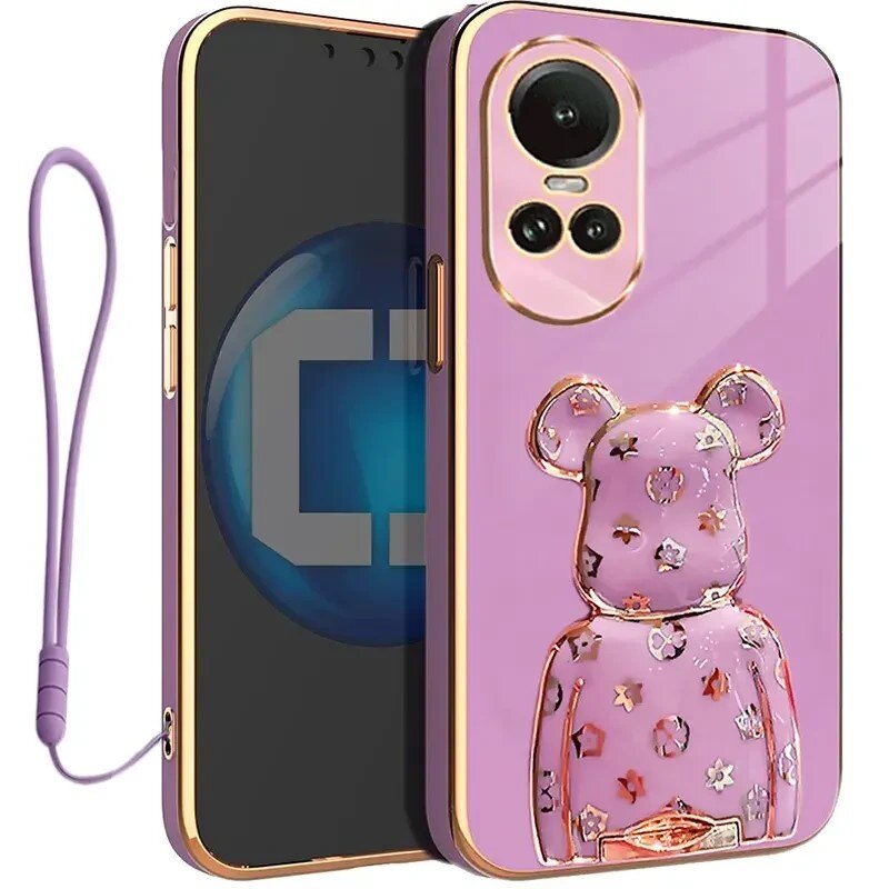 Etui na telefon w kolorze różowym z ozdobnym motywem misia i złotymi akcentami. Do etui dołączona jest fioletowa smycz.