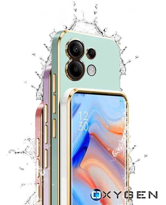Trzy telefony w kolorowych etui z widocznymi aparatami, otoczone rozpryskami wody. Na dole widoczne jest logo \'OXYGEN\'.