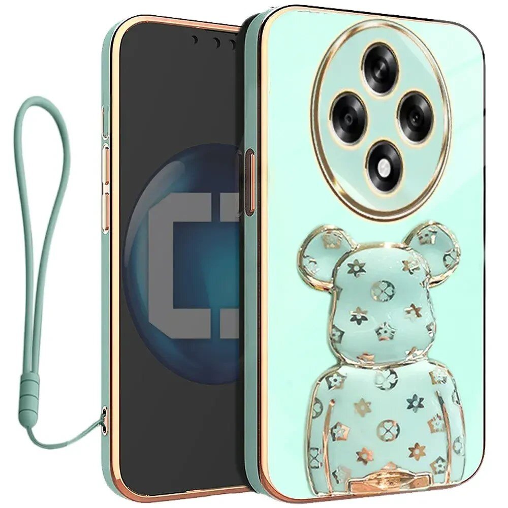 Etui na telefon w kolorze miętowym z motywem misia i czterema okrągłymi otworami na aparat. Do etui dołączona jest smycz w podobnym kolorze.