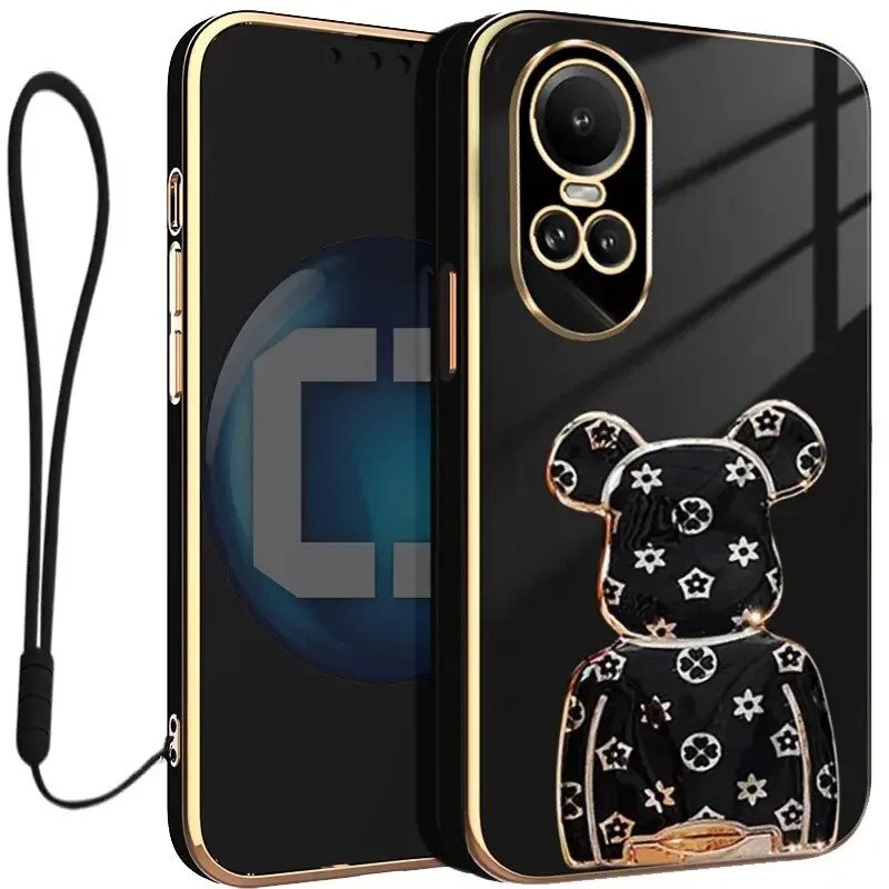 Czarne etui na telefon z ozdobnym motywem misia w białe wzory, posiada złote wykończenia wokół aparatu i krawędzi. Do etui dołączona jest czarna smycz.