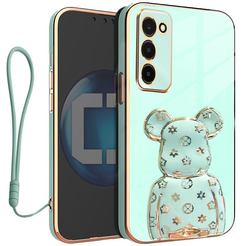 Etui na telefon w kolorze miętowym z ozdobnym wzorem misia i wycięciami na aparat. W zestawie znajduje się smycz w dopasowanym kolorze.