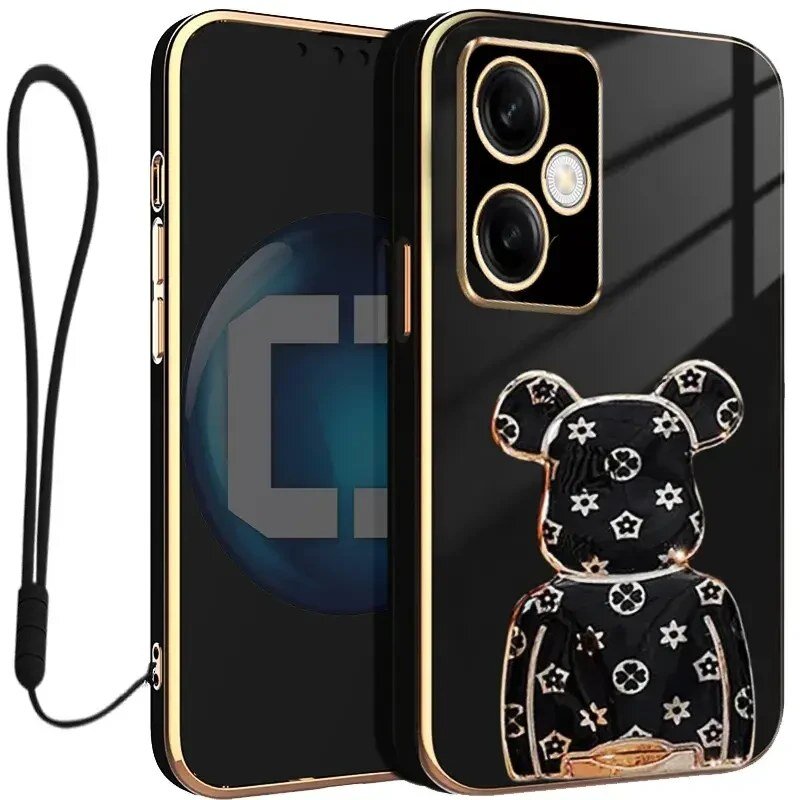 Czarne etui na telefon z ozdobnym wzorem misia w białe kwiatki, posiada złote wykończenia wokół aparatu. Do etui dołączona jest czarna smycz.