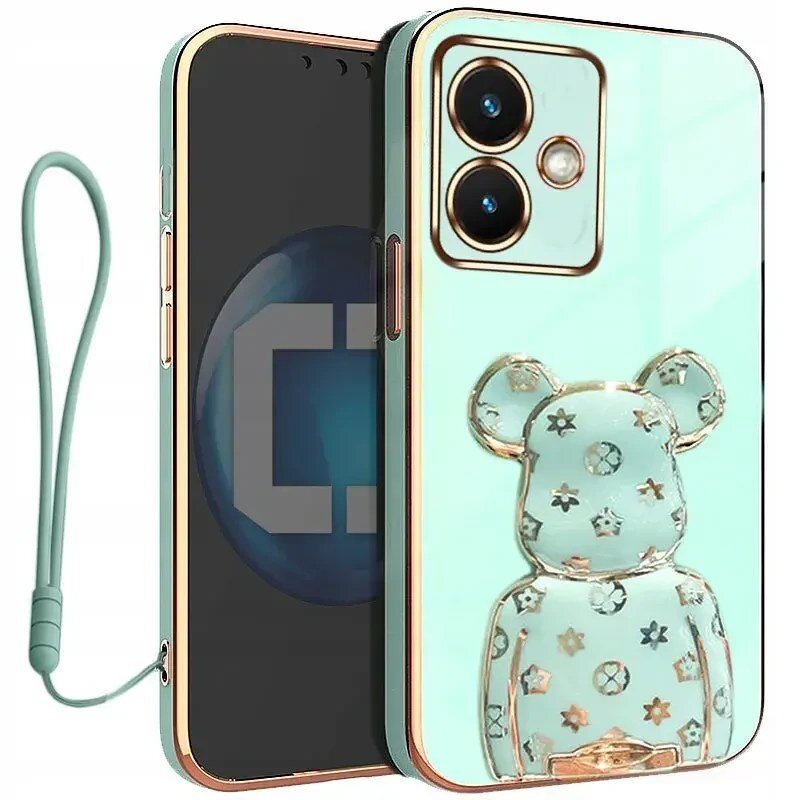Etui na telefon w kolorze miętowym z motywem misia i złotymi akcentami, posiada dwa otwory na aparat. Do etui dołączona jest smycz w tym samym kolorze.