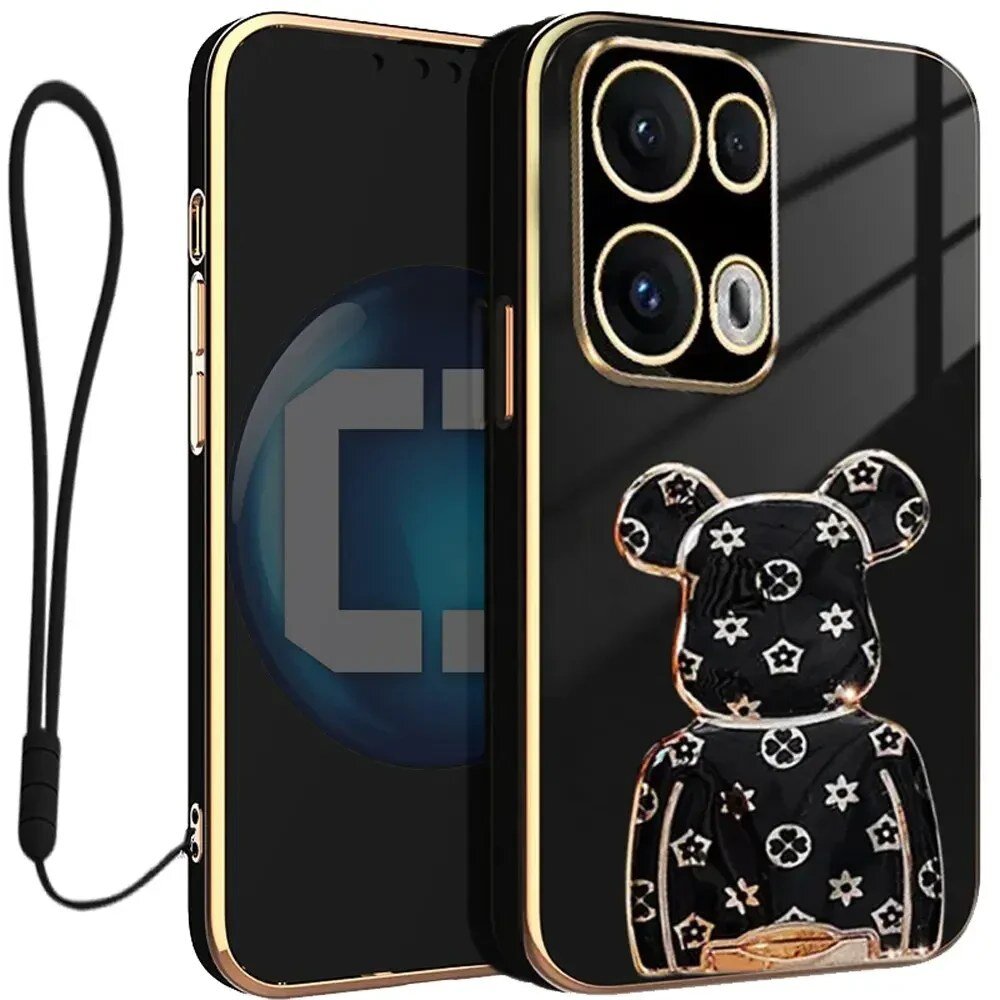 Czarne etui na telefon z ozdobnym wzorem w kształcie misia i złotymi akcentami wokół aparatu. Do etui dołączona jest czarna smycz.