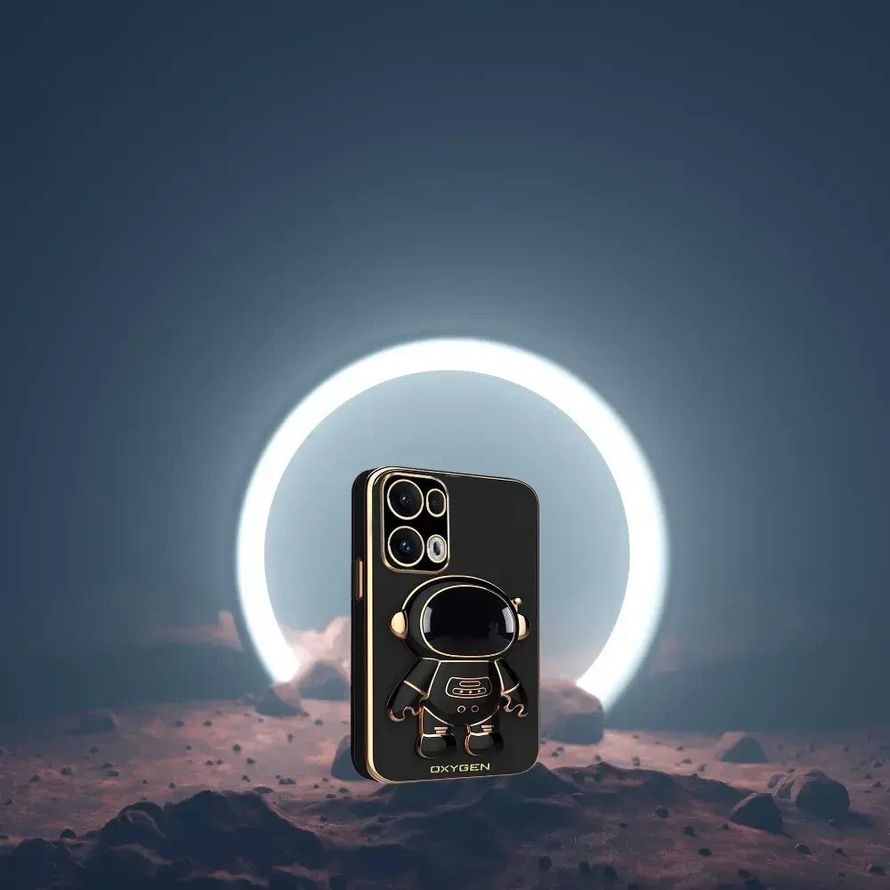 Etui na telefon z motywem astronauty i napisem \'OXYGEN\' na tle księżycowego krajobrazu z jasnym okręgiem świetlnym w tle.
