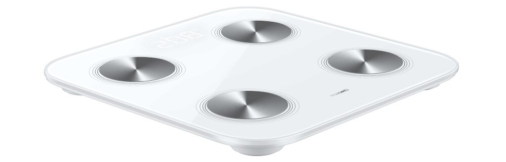 Biała waga elektroniczna z czterema okrągłymi, metalicznymi sensorami na powierzchni. Na wadze widoczne jest logo \'HUAWEI\'.