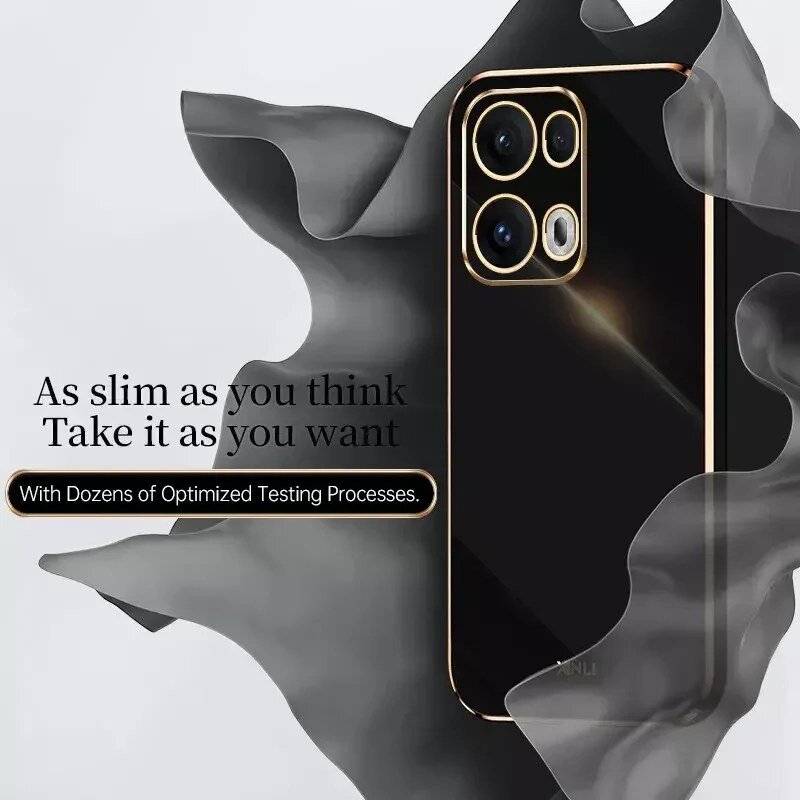 Obraz przedstawia czarne etui na telefon z trzema widocznymi otworami na aparaty, otoczone złotymi krawędziami. Na obrazie znajduje się tekst: \'As slim as you think Take it as you want With Dozens of Optimized Testing Processes.\'